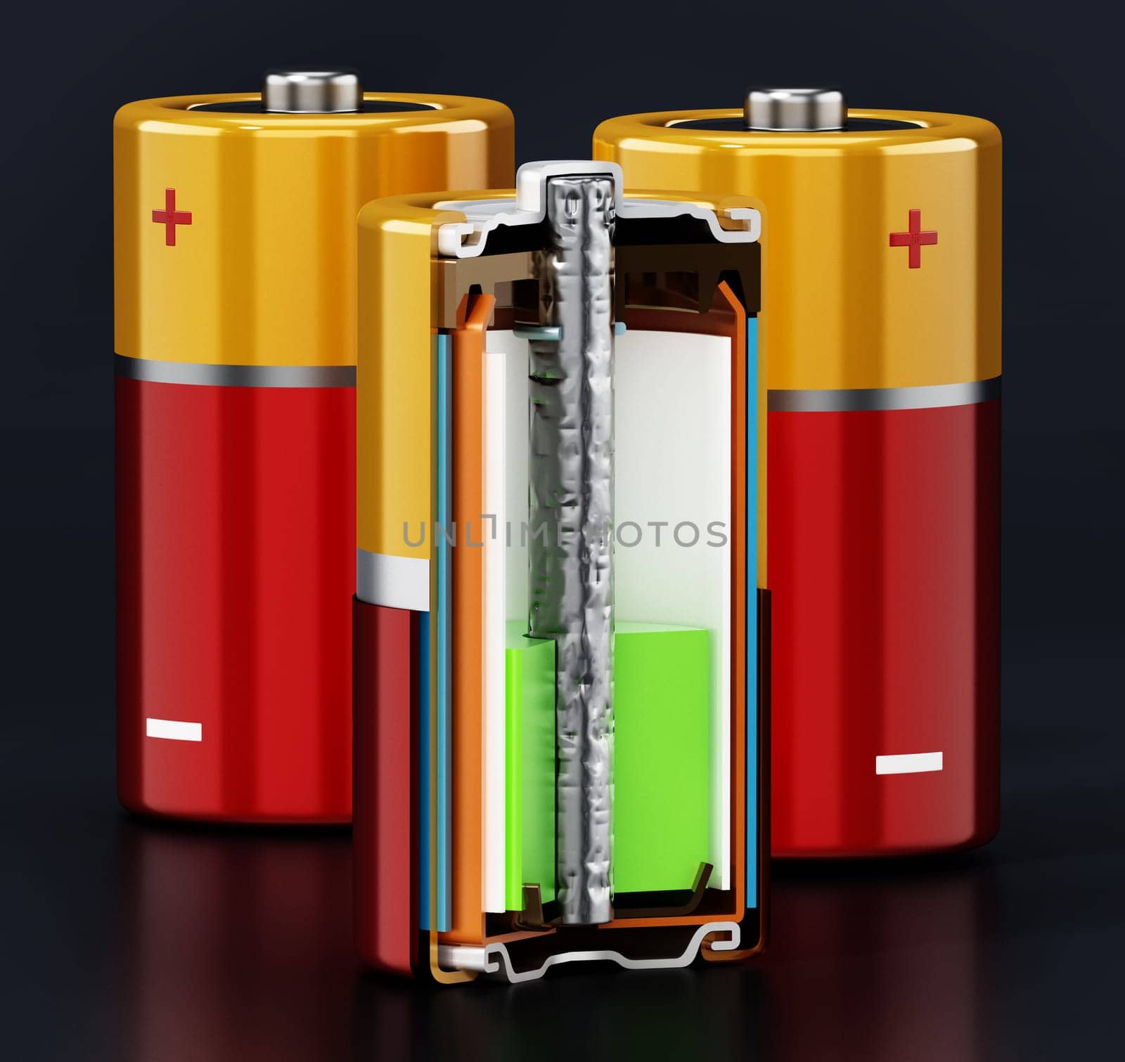 Image showing cross-section of an alcaline battery. 3D illustration.