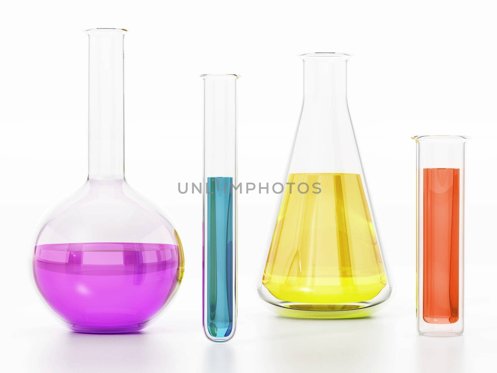 Laboratory tubes with colorful liquids isolated on white background. 3D illustration.