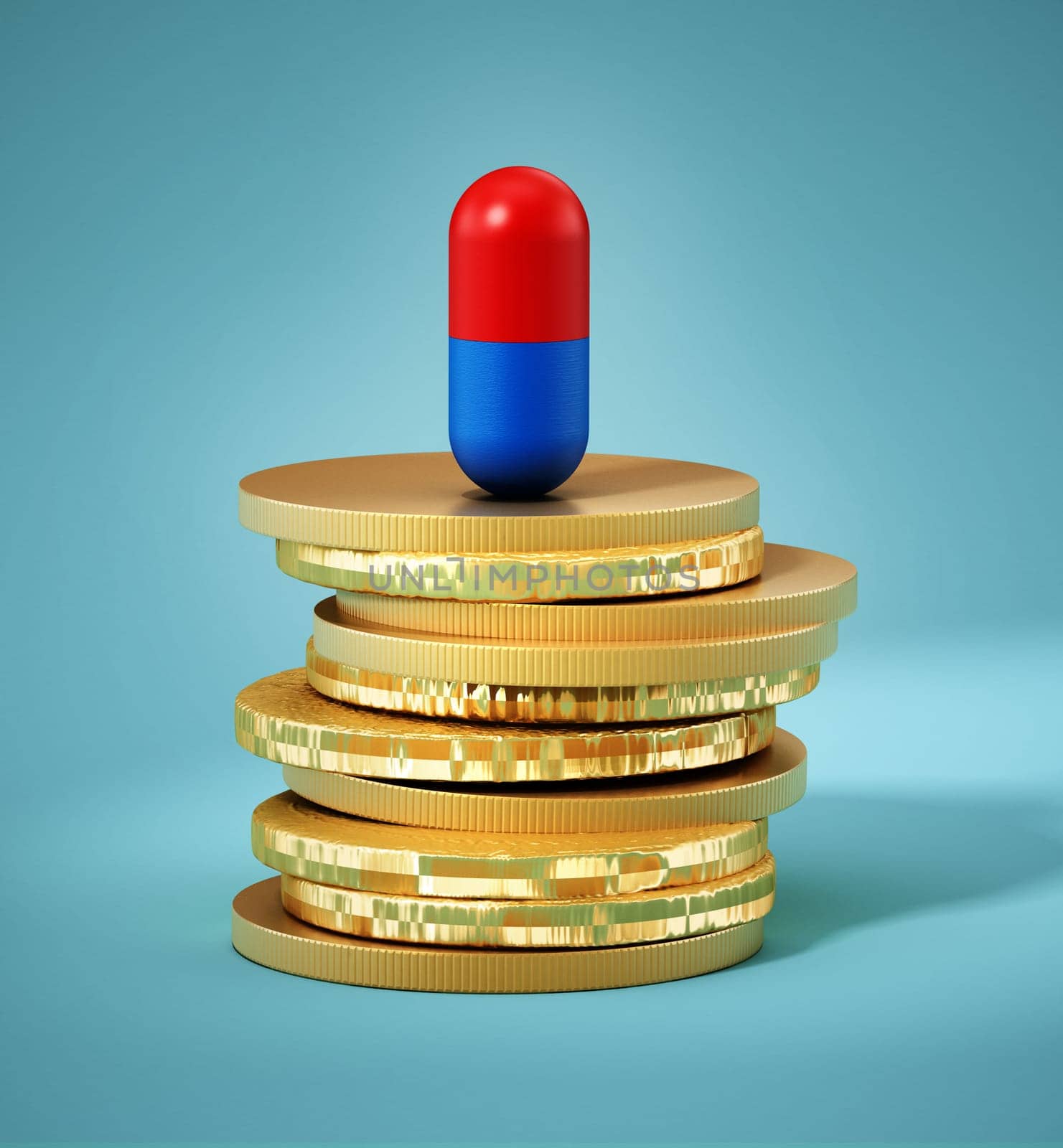 Pill standing on generic coin pile. 3D illustration.