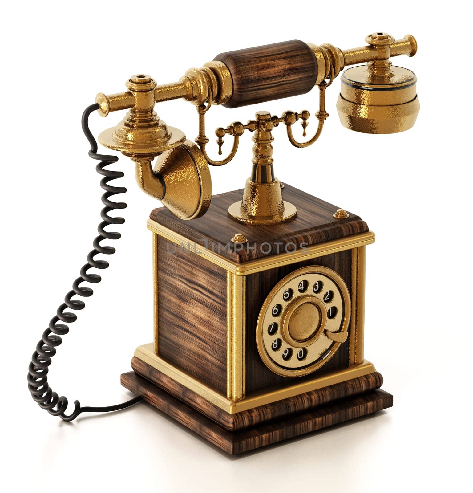 Antique dial phone isolated on white background. 3D illustration.