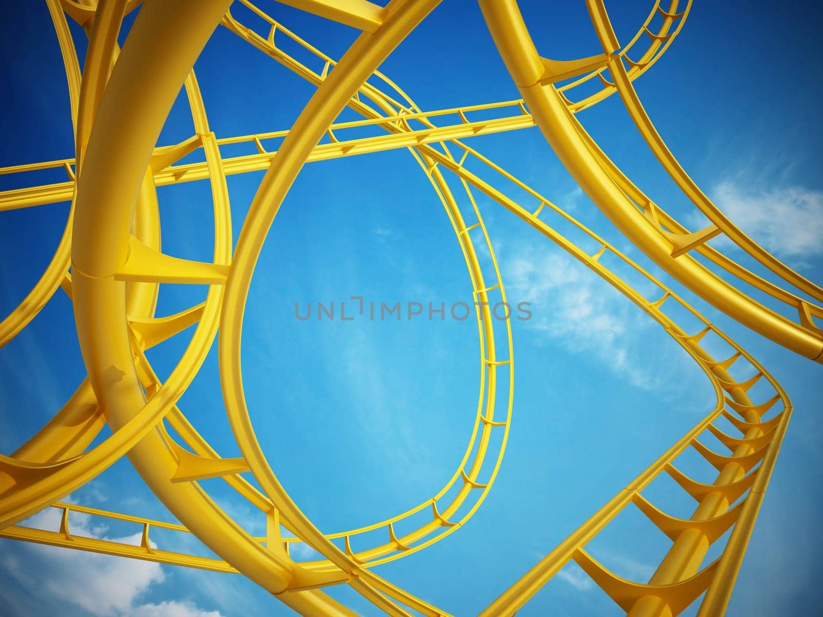 Curvy roller coaster rails in the sky. 3D illustration.