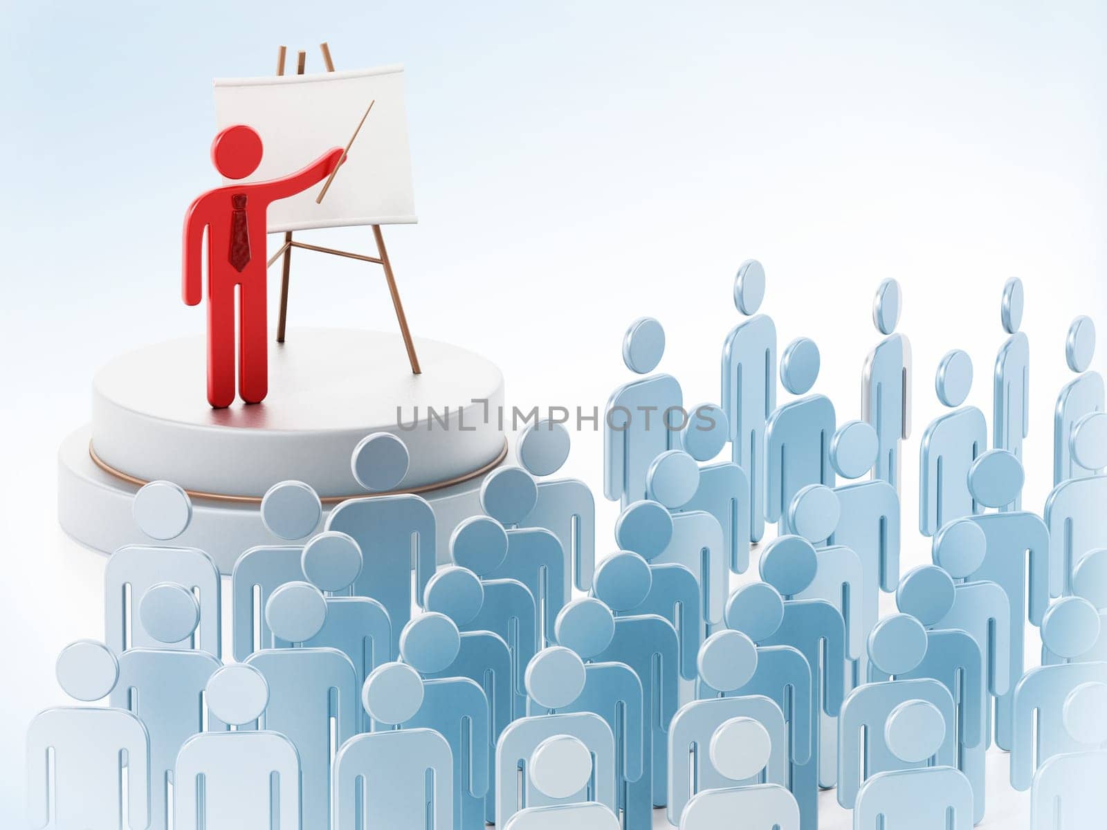 Public speaker red figure surrounded with blue figures giving a speech.