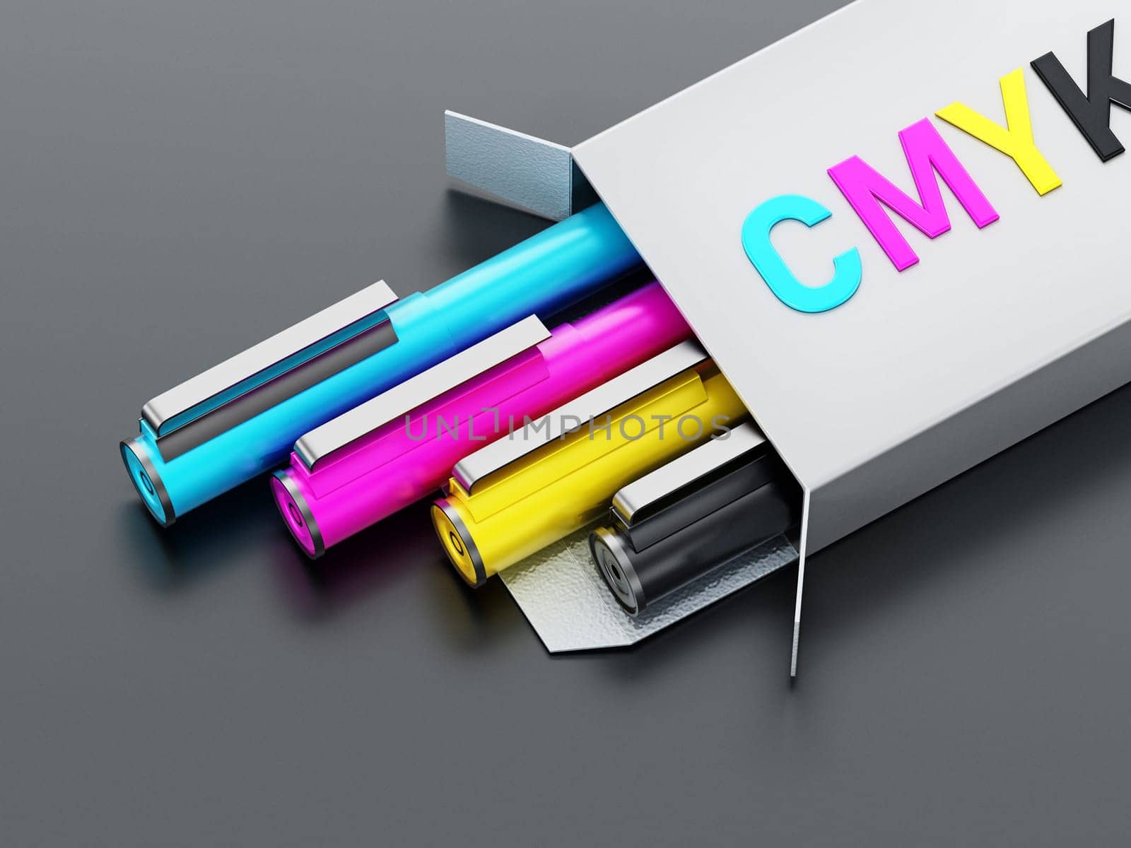 CMYK color pens inside white box. 3D illustration.