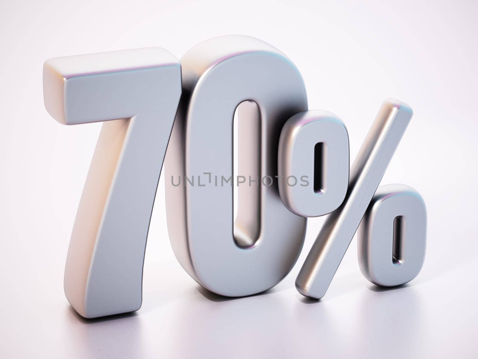 70 percent word standing on white surface with soft reflection. 3D illustration.