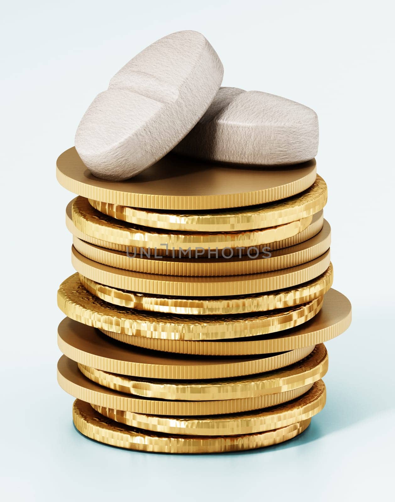 Pill standing on generic coin pile. 3D illustration.