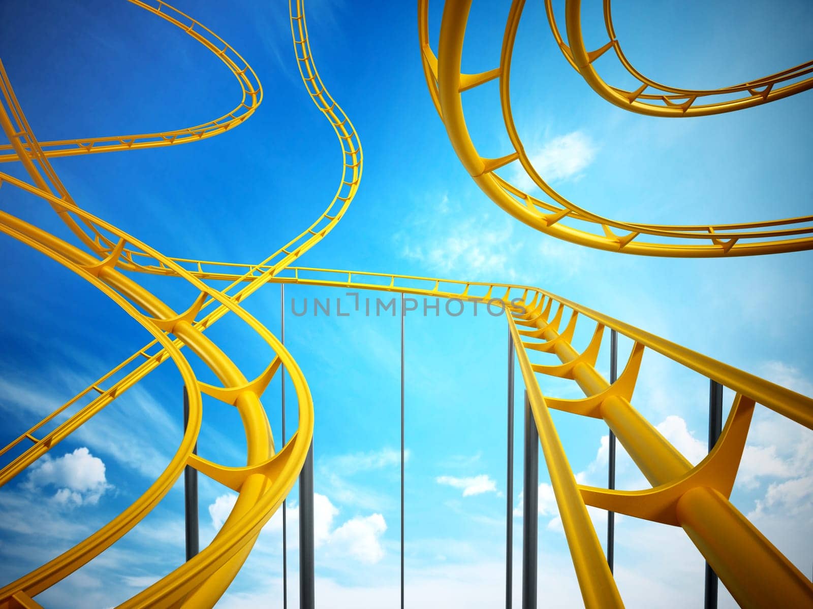 Curvy roller coaster rails in the sky. 3D illustration.