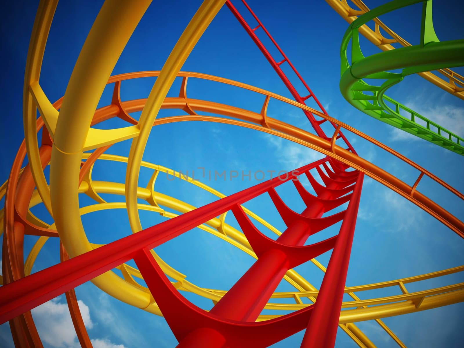 Curvy roller coaster rails in the sky. 3D illustration.