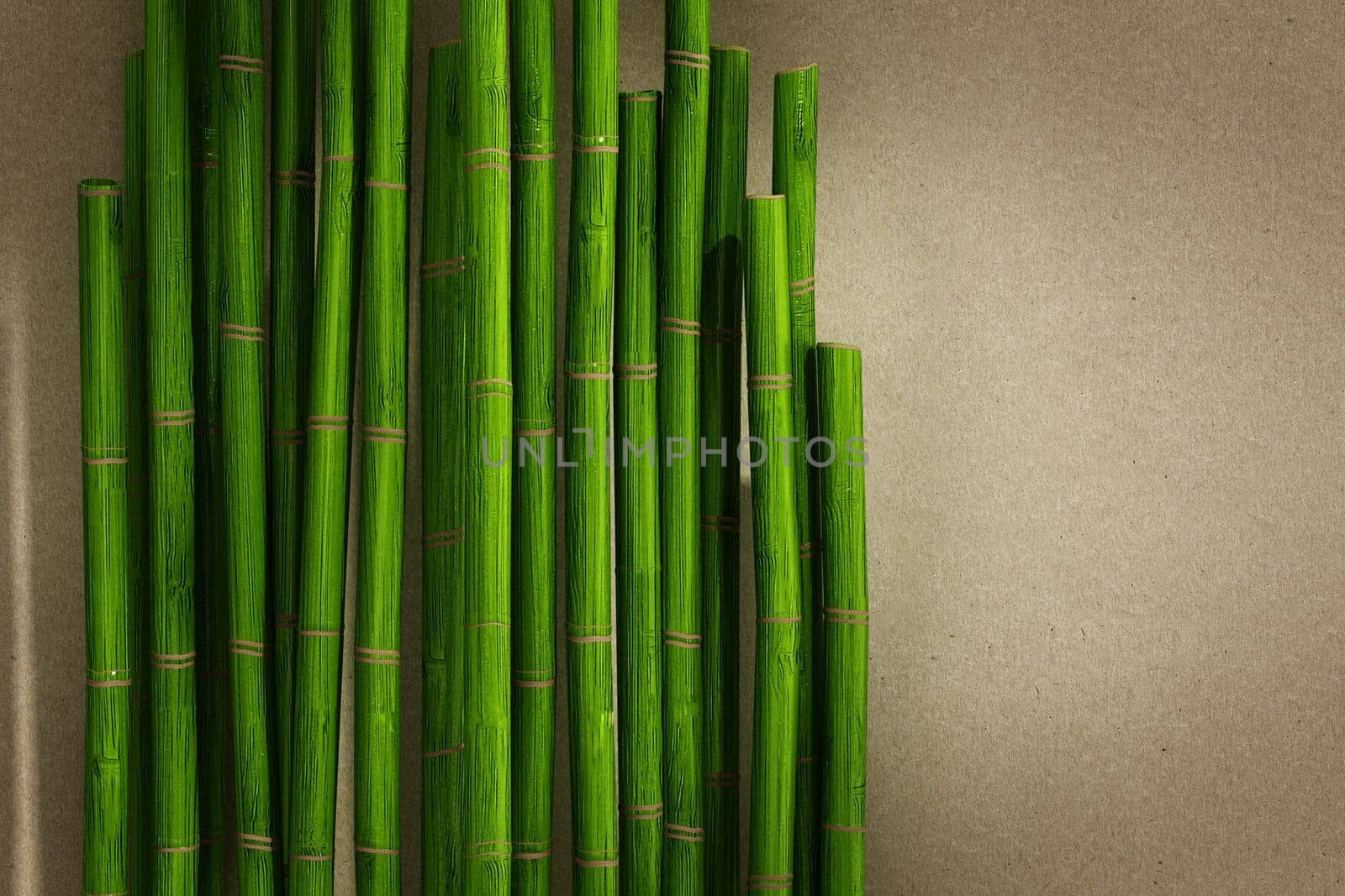 Green bamboo sticks on paper texture background. 3D illustration.
