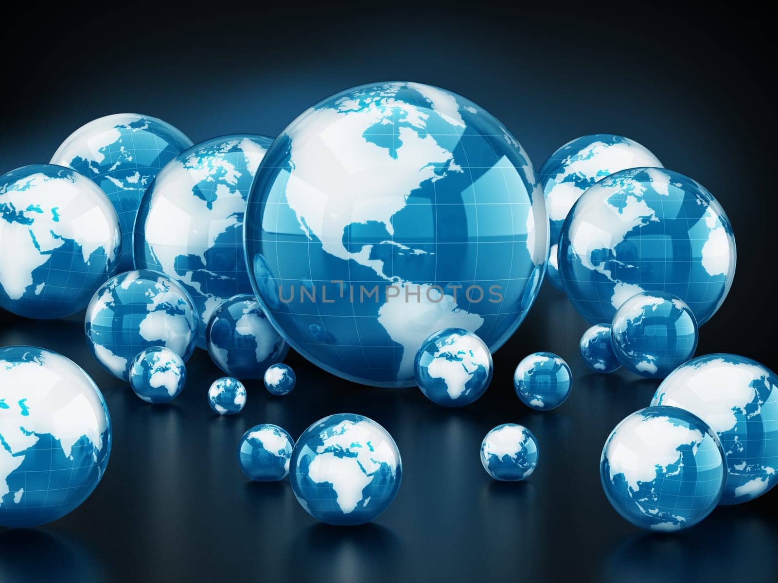 Stack of shiny globes isolated on black background. 3D illustration.