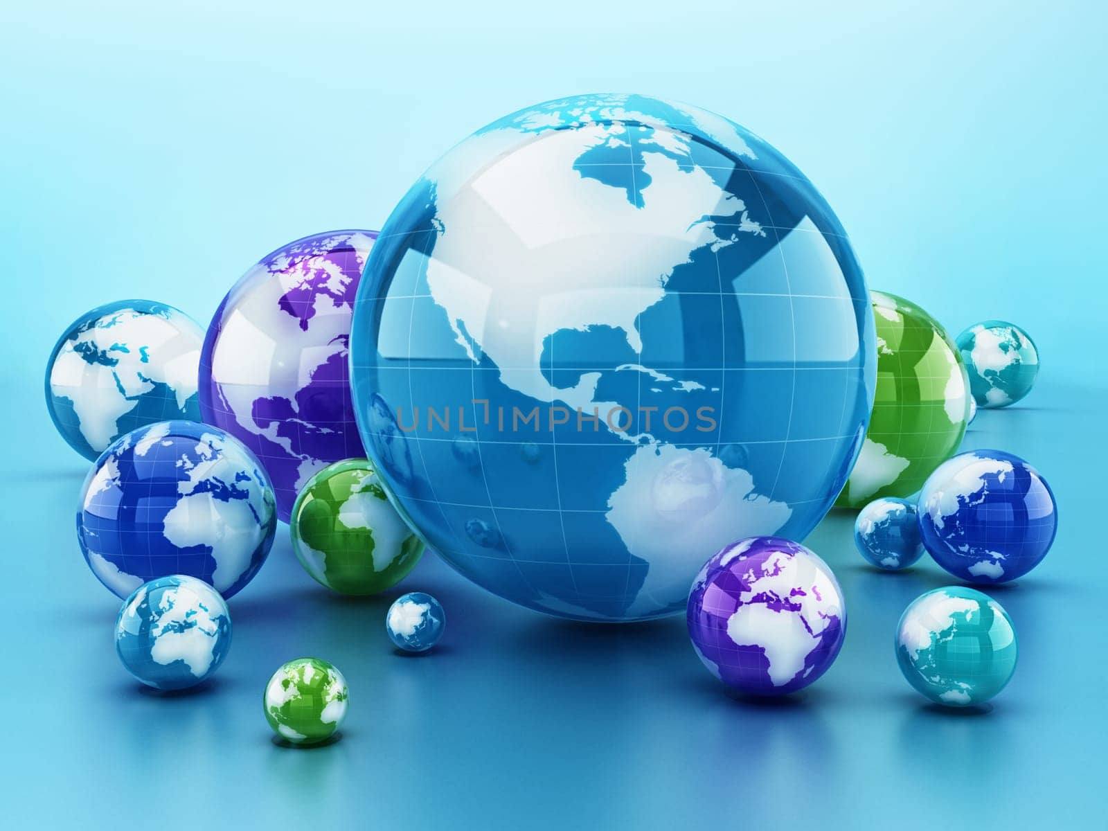 Stack of shiny globes isolated on blue background. 3D illustration.