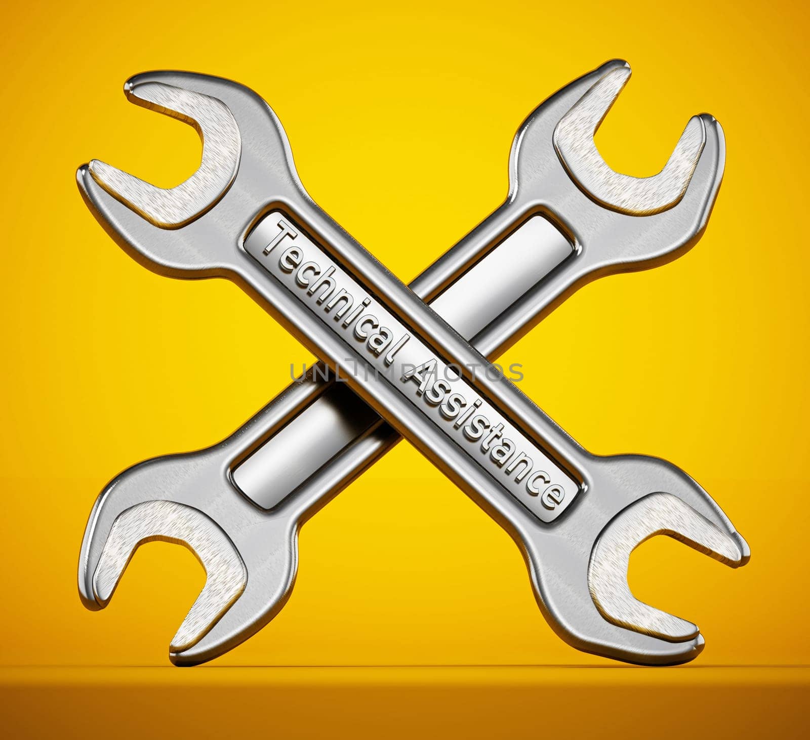 Technical assistance wrenches isolated on yellow background. 3D illustration.
