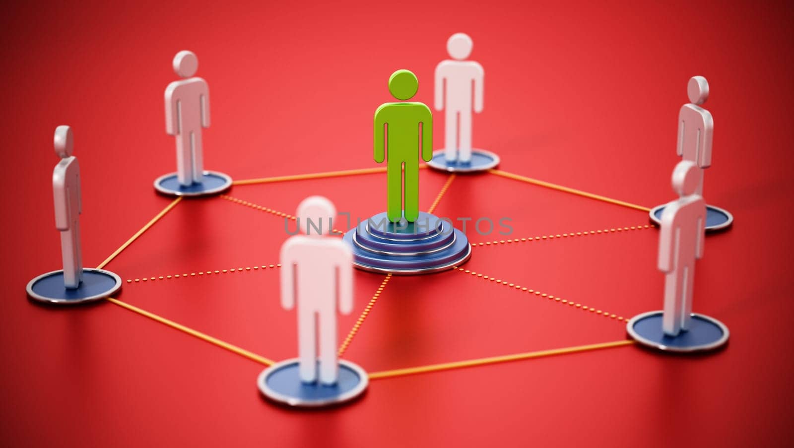 Connected people with a stand out figure at the center. 3D illustration.