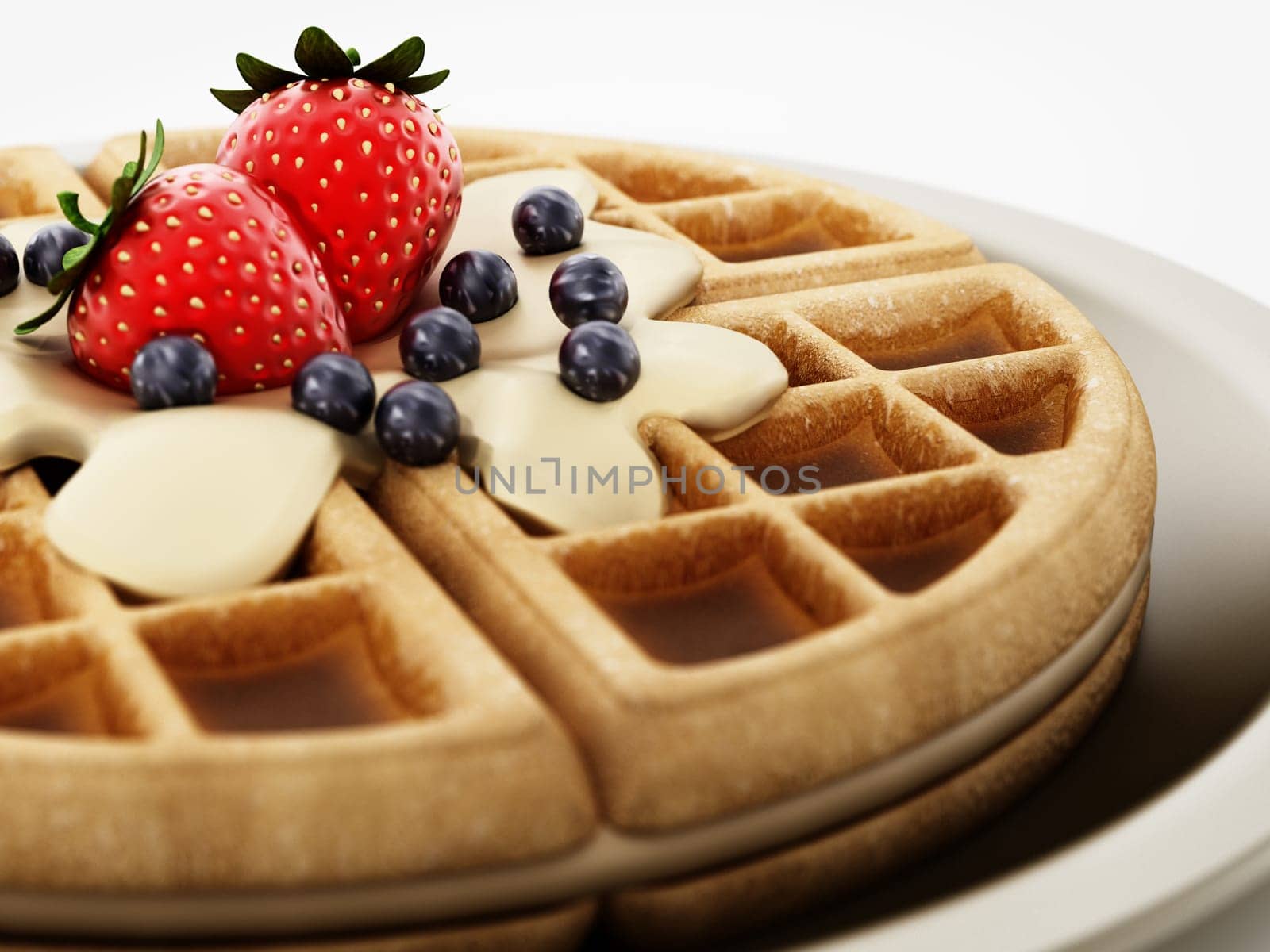 Belgian waffle with chocolate sauce and berries isolated on white background. 3D illustration.