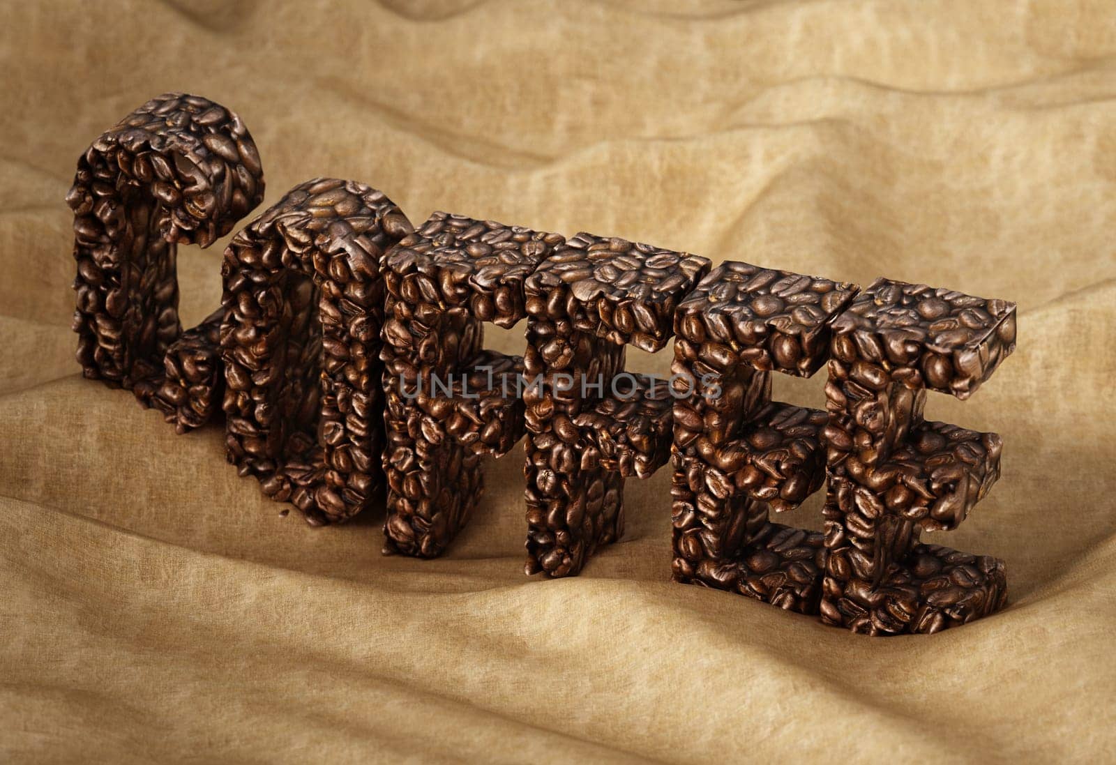 Coffee word consisting of roasted coffee beans standing on sack texture. 3D illustration.