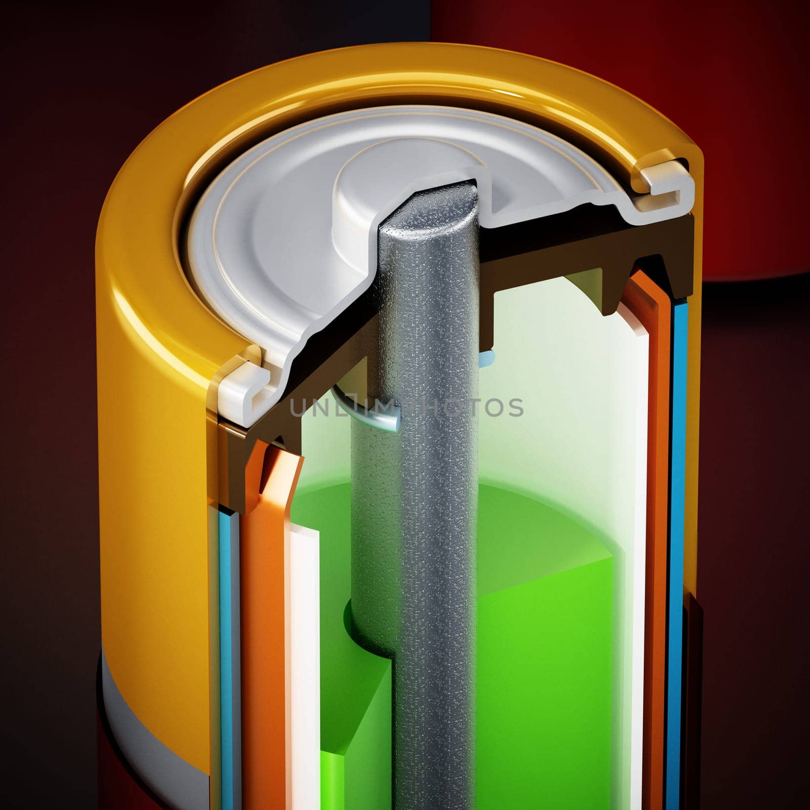 Image showing cross-section of an alcaline battery. 3D illustration.
