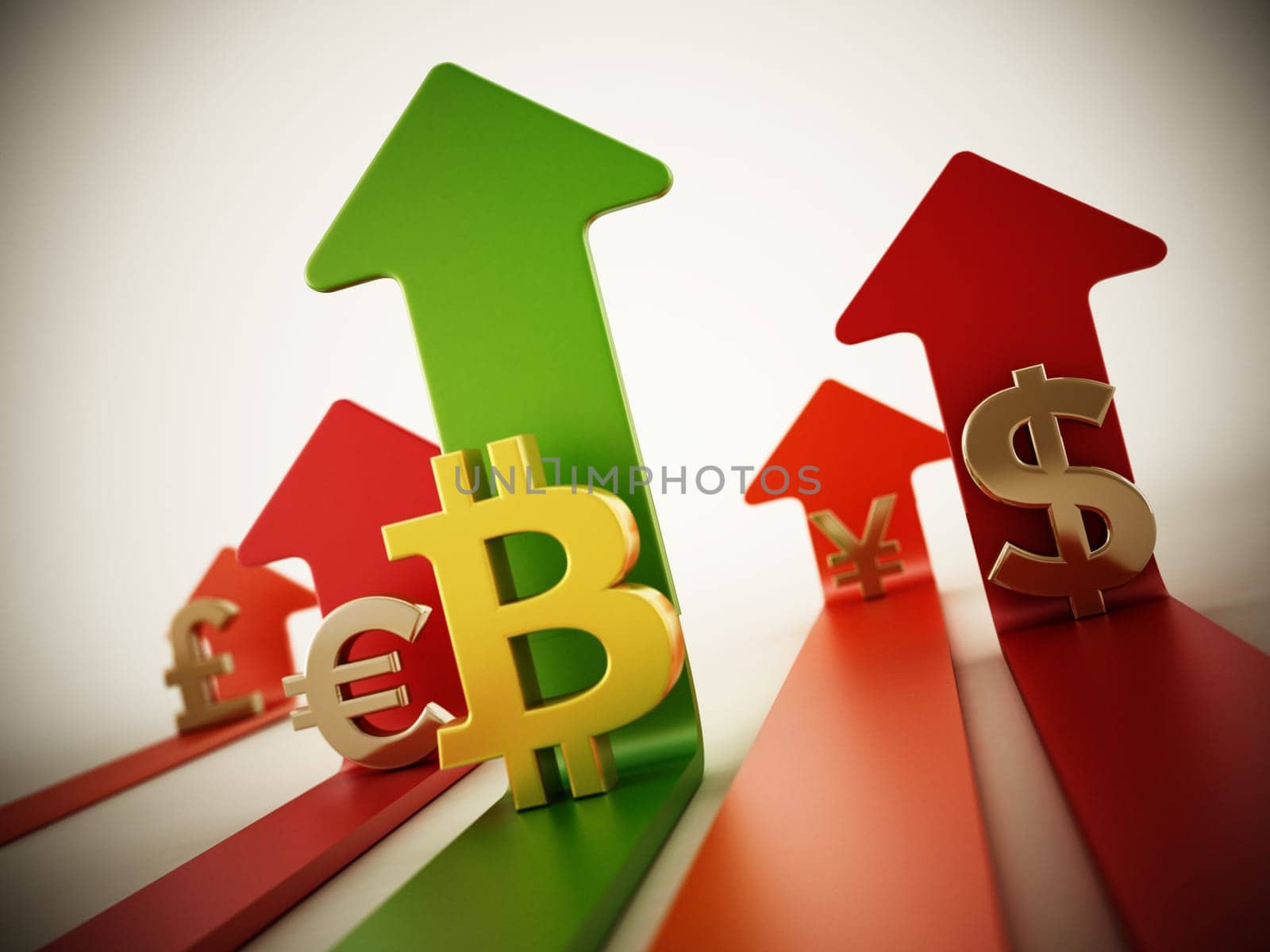 Bitcoin, dollar, euro, yen and pound symbols on rising arrows