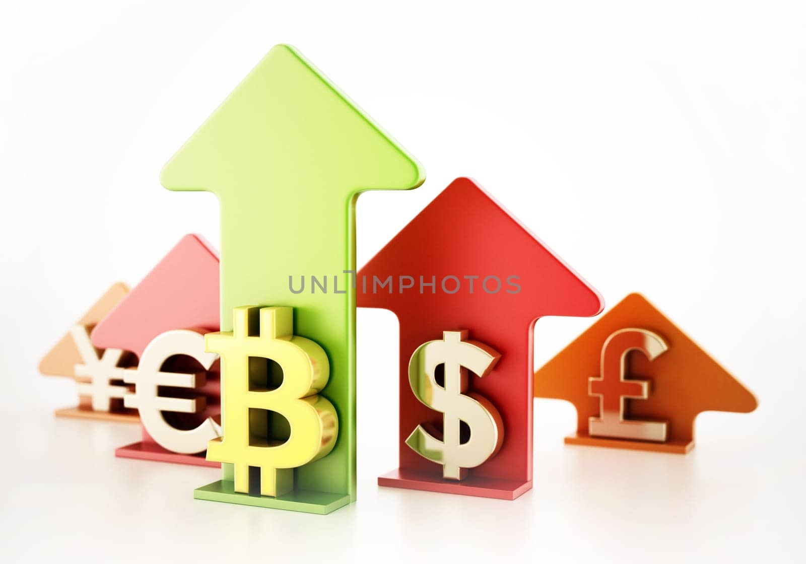Bitcoin, dollar, euro, yen and pound symbols on rising arrows