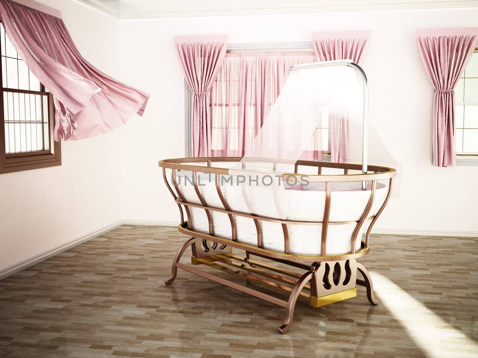 Classic style baby crib standing at the center of the room. 3D illustration.