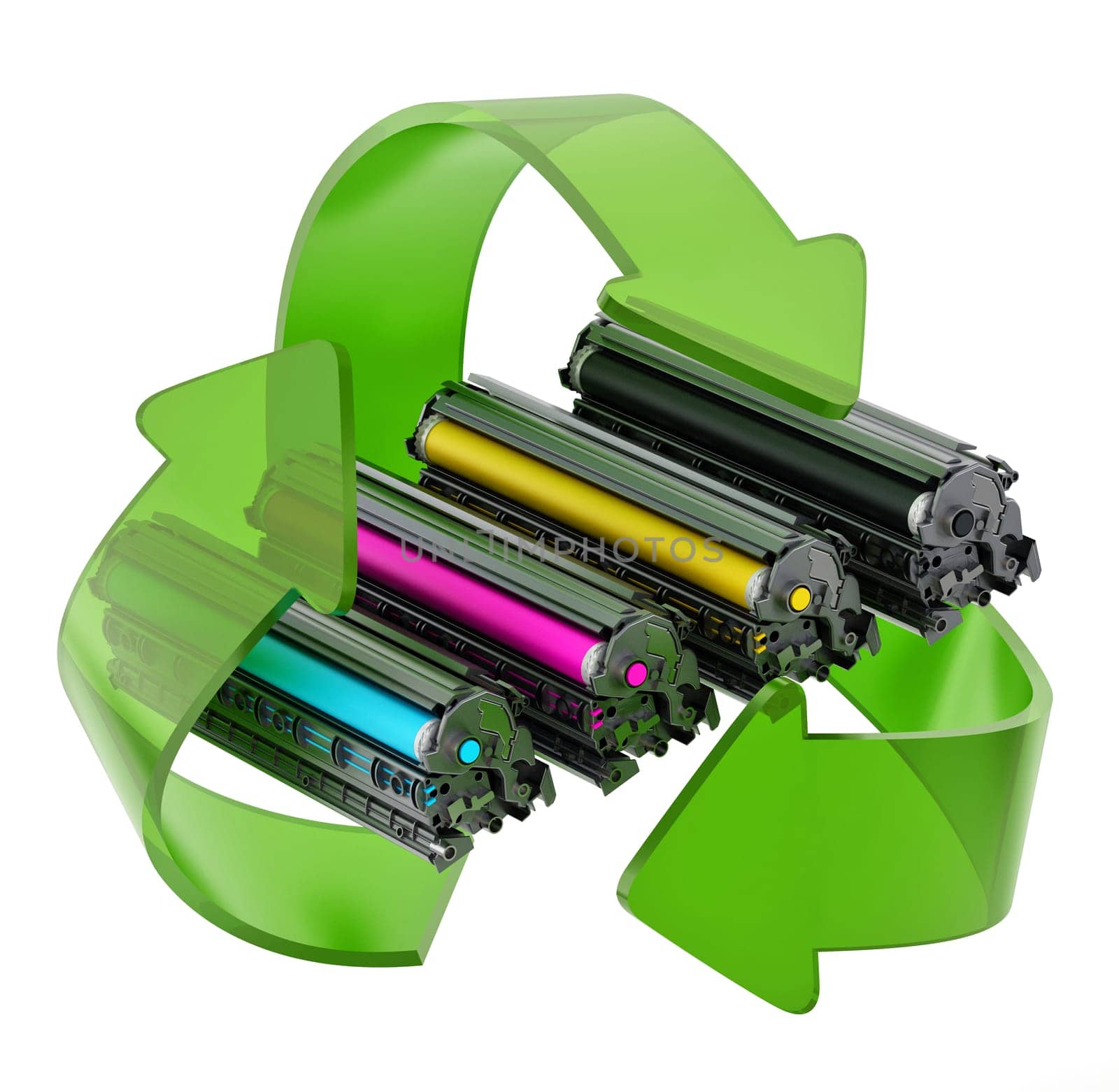 Laser printer CMYK toners inside recycle arrows. 3D illustration.