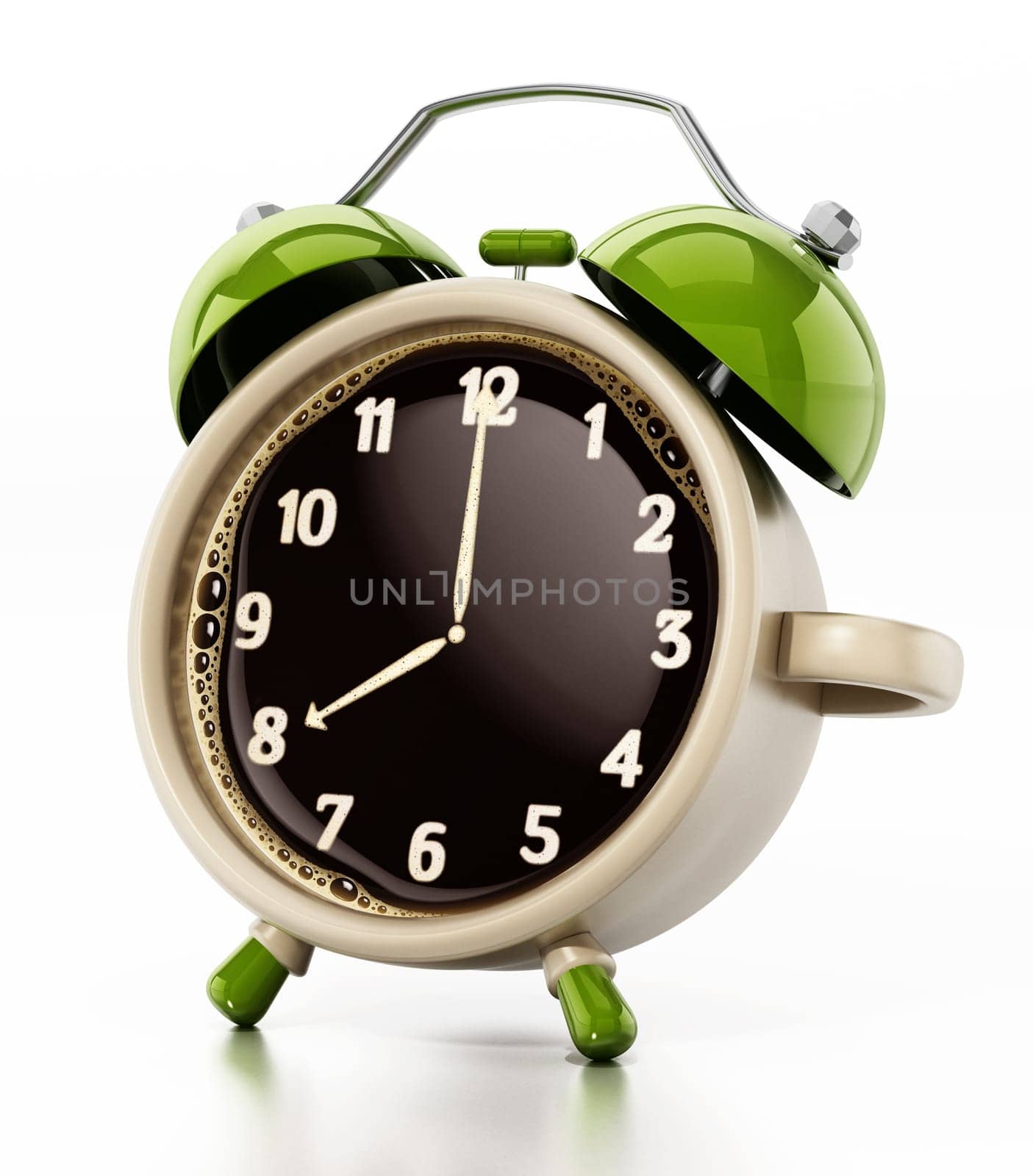 Alarm clock combined to coffee mug. 3D illustration.