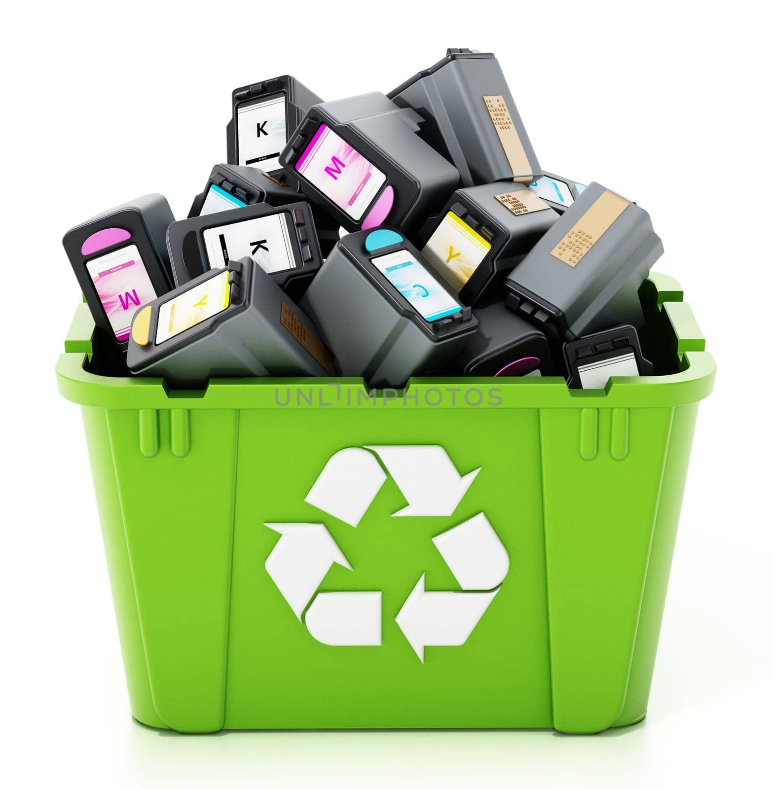 Used inkjet printer cartridges inside green recycle box. 3D illustration.