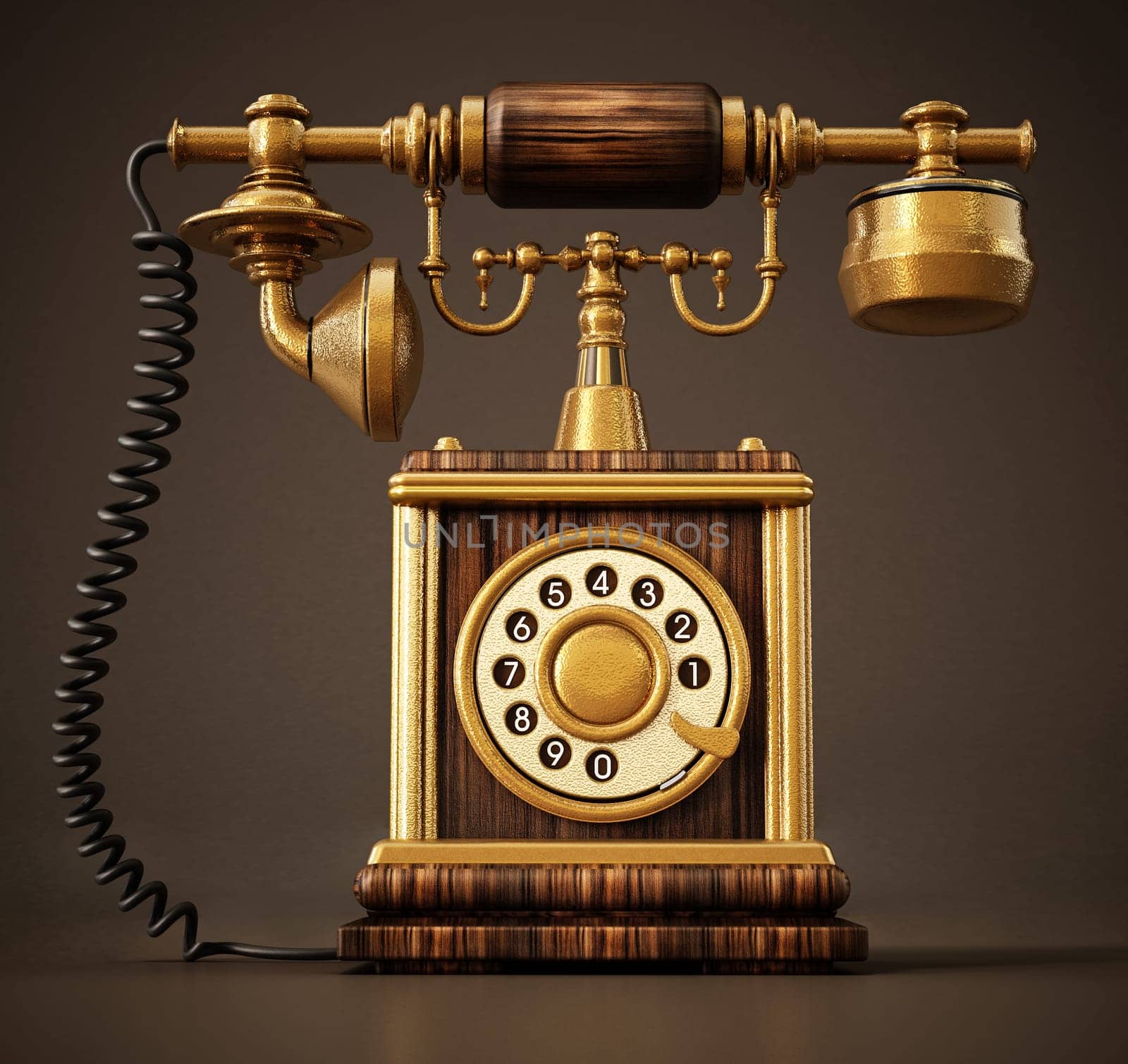 Antique dial phone against dark background. 3D illustration.