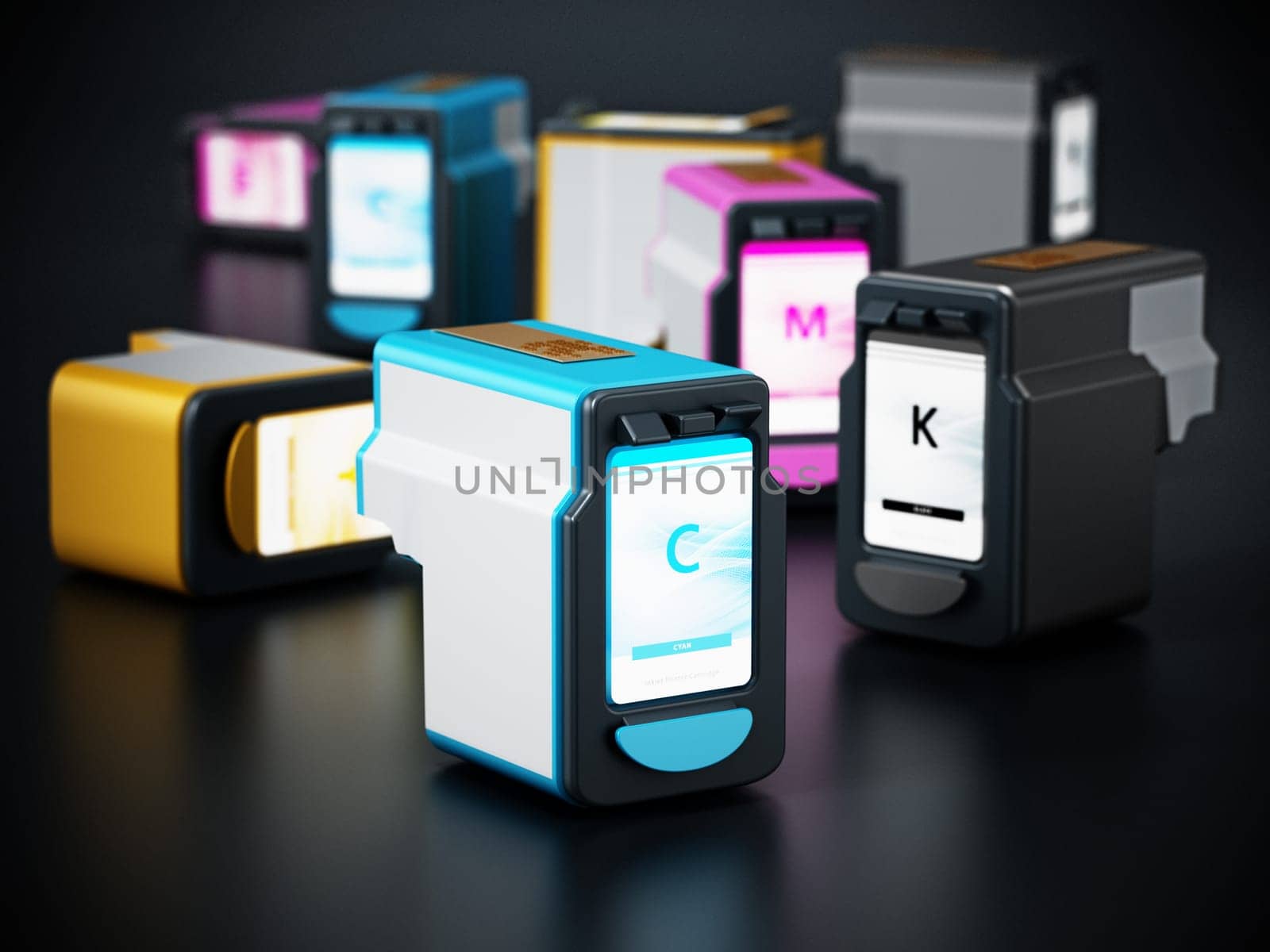Generic inkjet printer CMYK cartridges. 3D illustration.