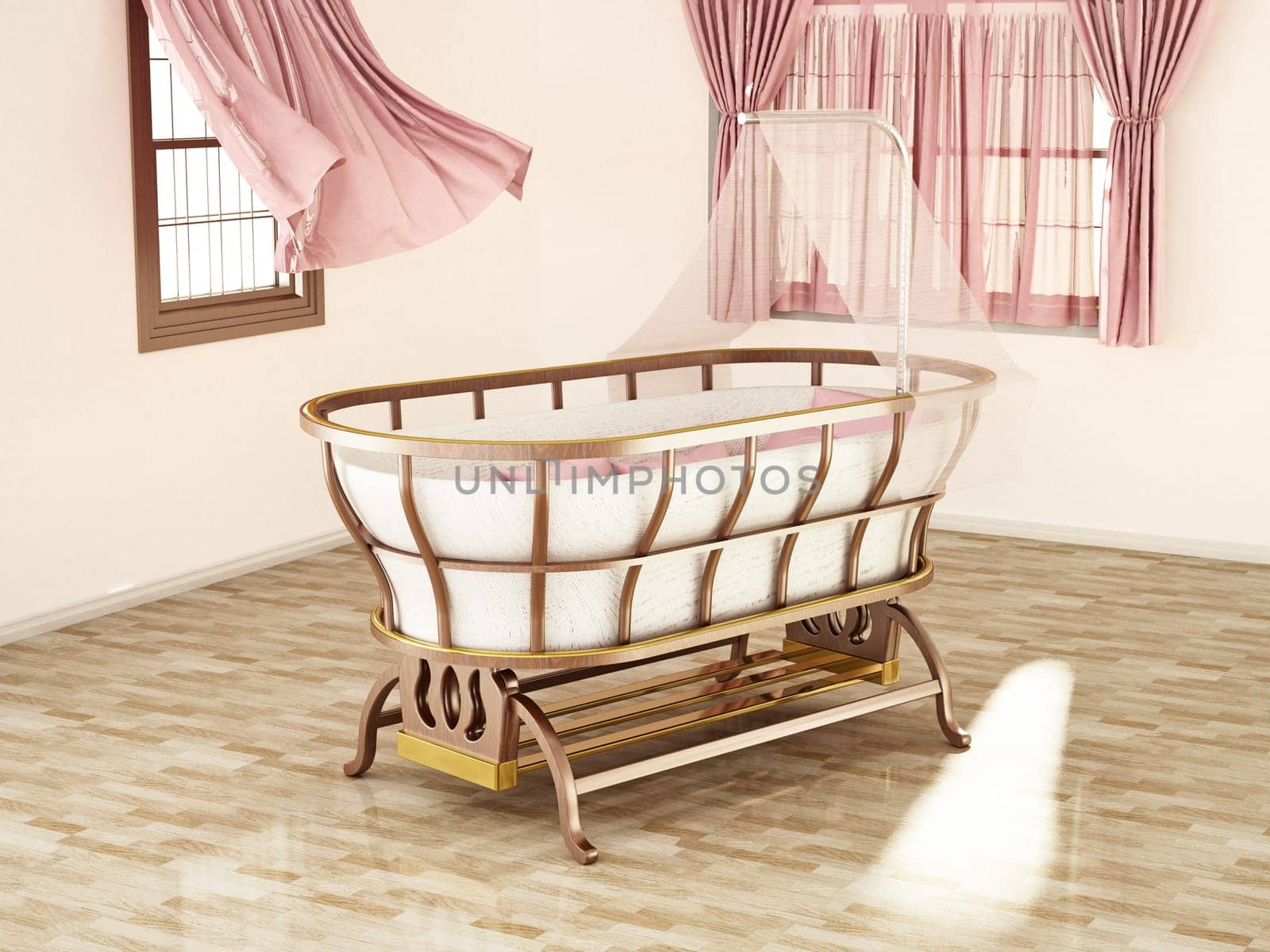 Classic style baby crib standing at the center of the room. 3D illustration.
