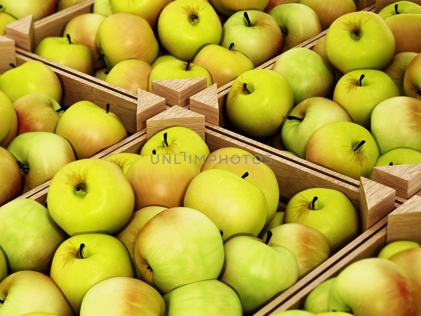 Fresh newly harvested apples inside crates. 3D illustration.