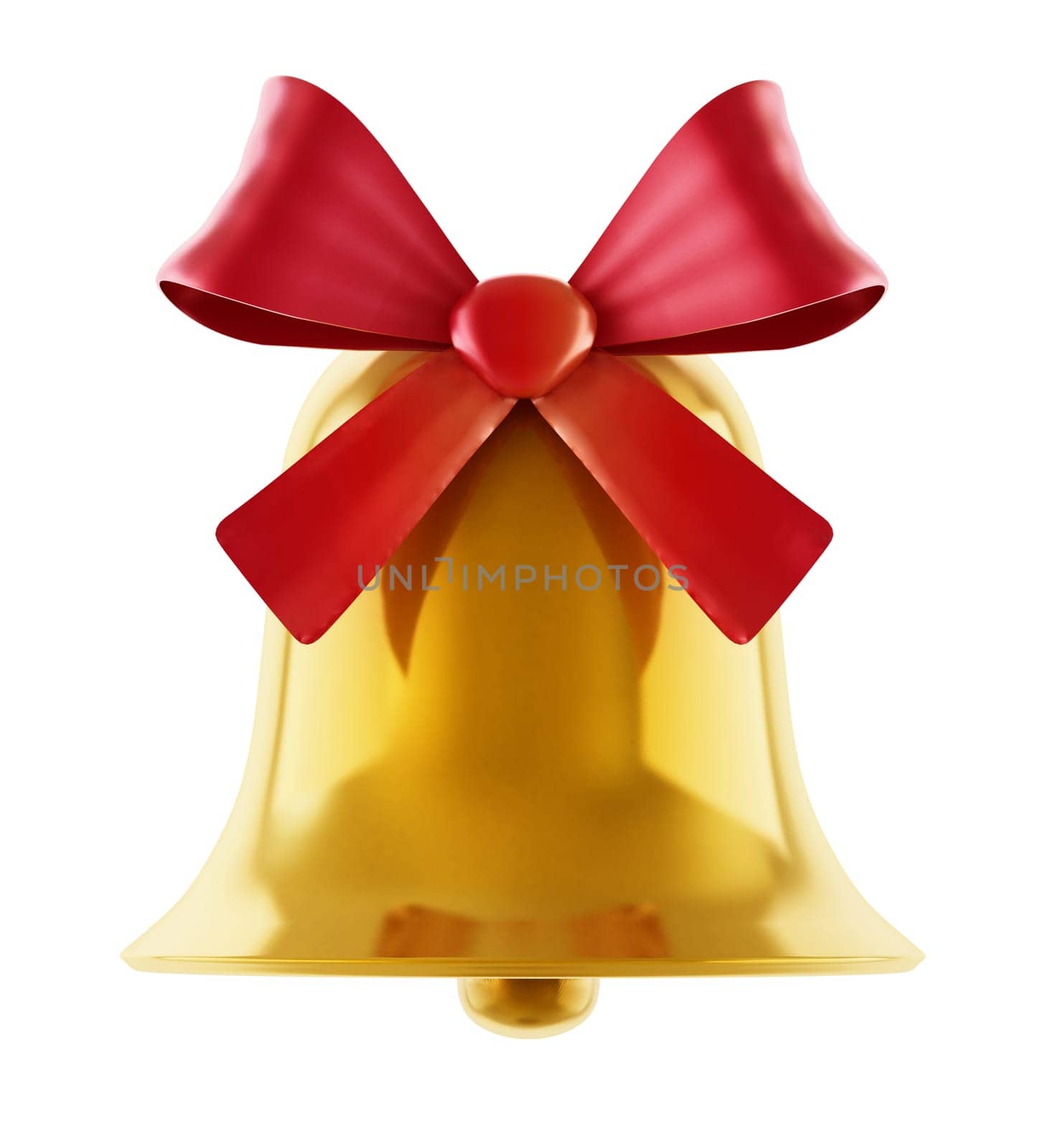 Gold bell with red ribbon isolated on white background. 3D illustration.
