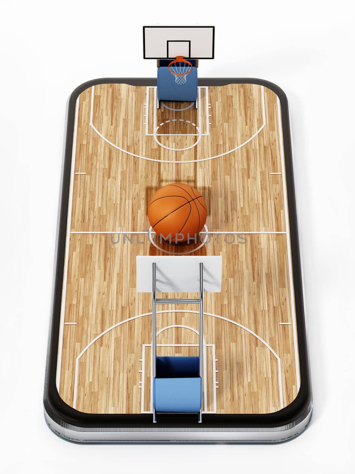 Basketball court on smartphone screen. 3D rendering.