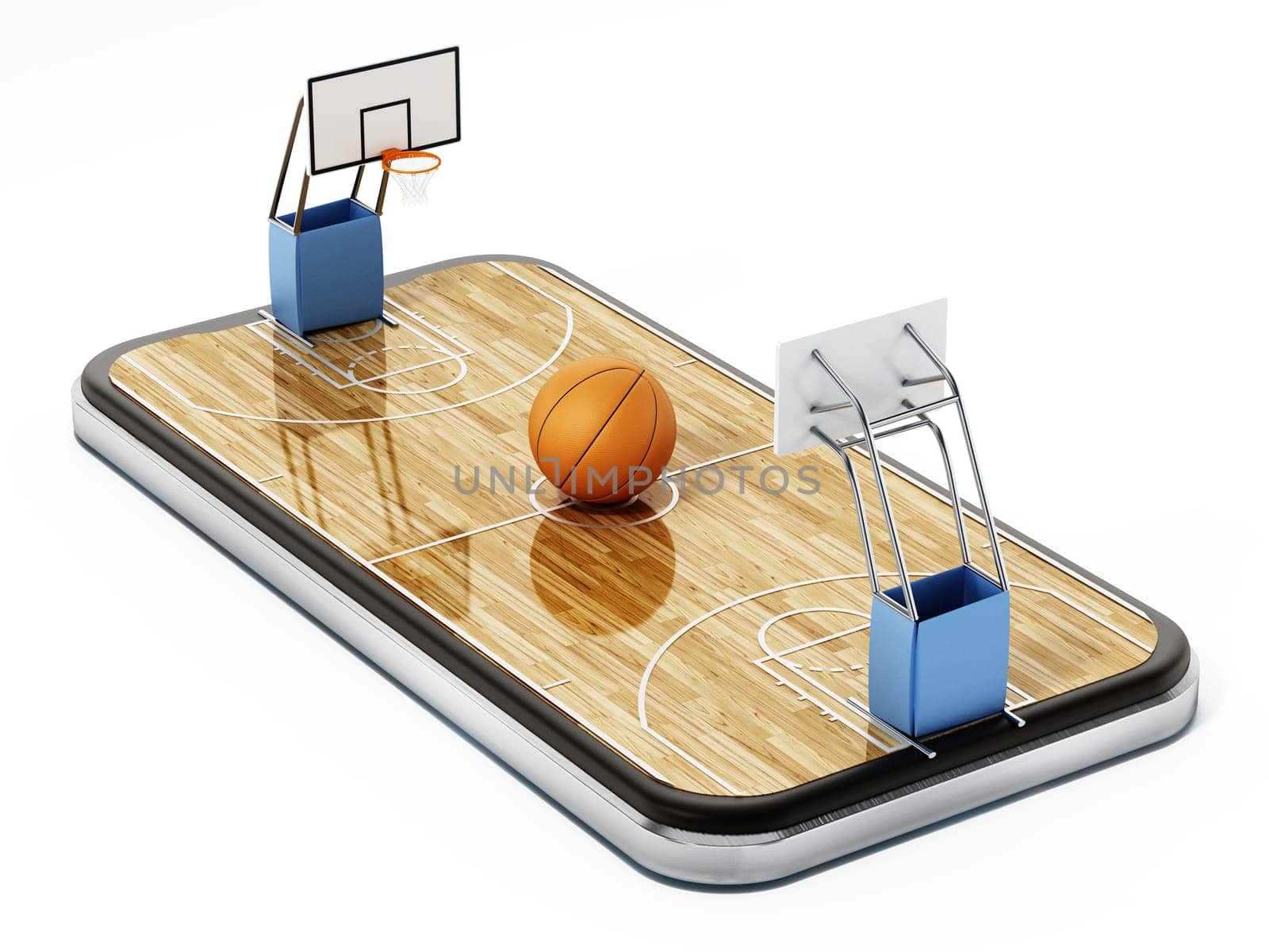 Basketball court on smartphone screen. 3D rendering.