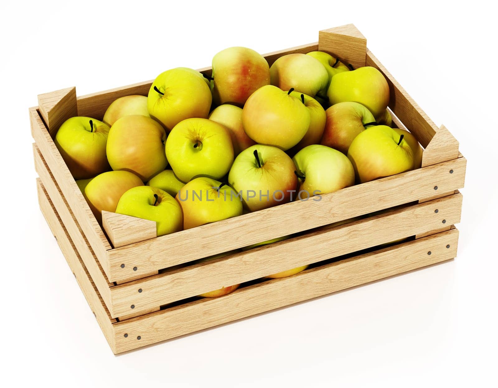 Fresh, newly harvested apples inside wooden crate. 3D illustration.