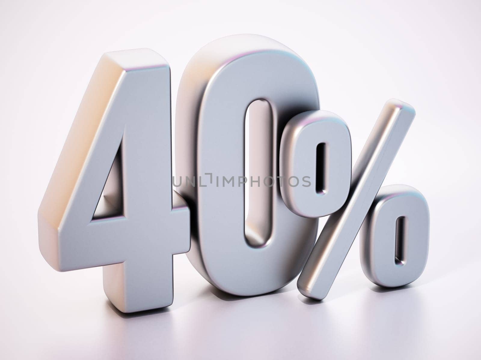 40 percent word standing on white surface with soft reflection. 3D illustration.