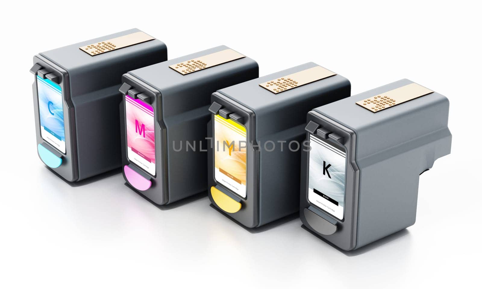 Generic inkjet printer CMYK cartridges isolated on white background. 3D illustration.