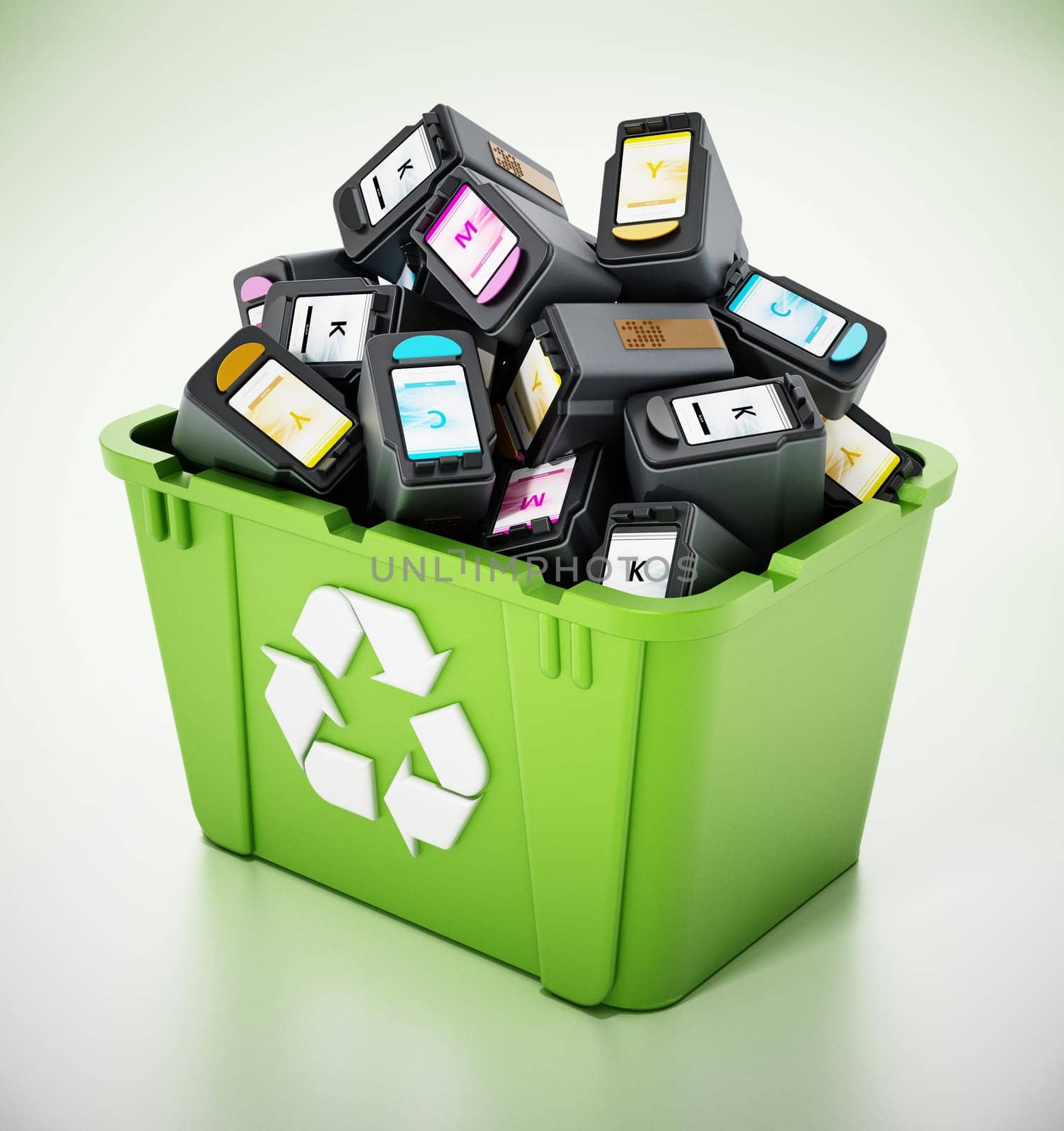 Used inkjet printer cartridges inside green recycle box. 3D illustration.