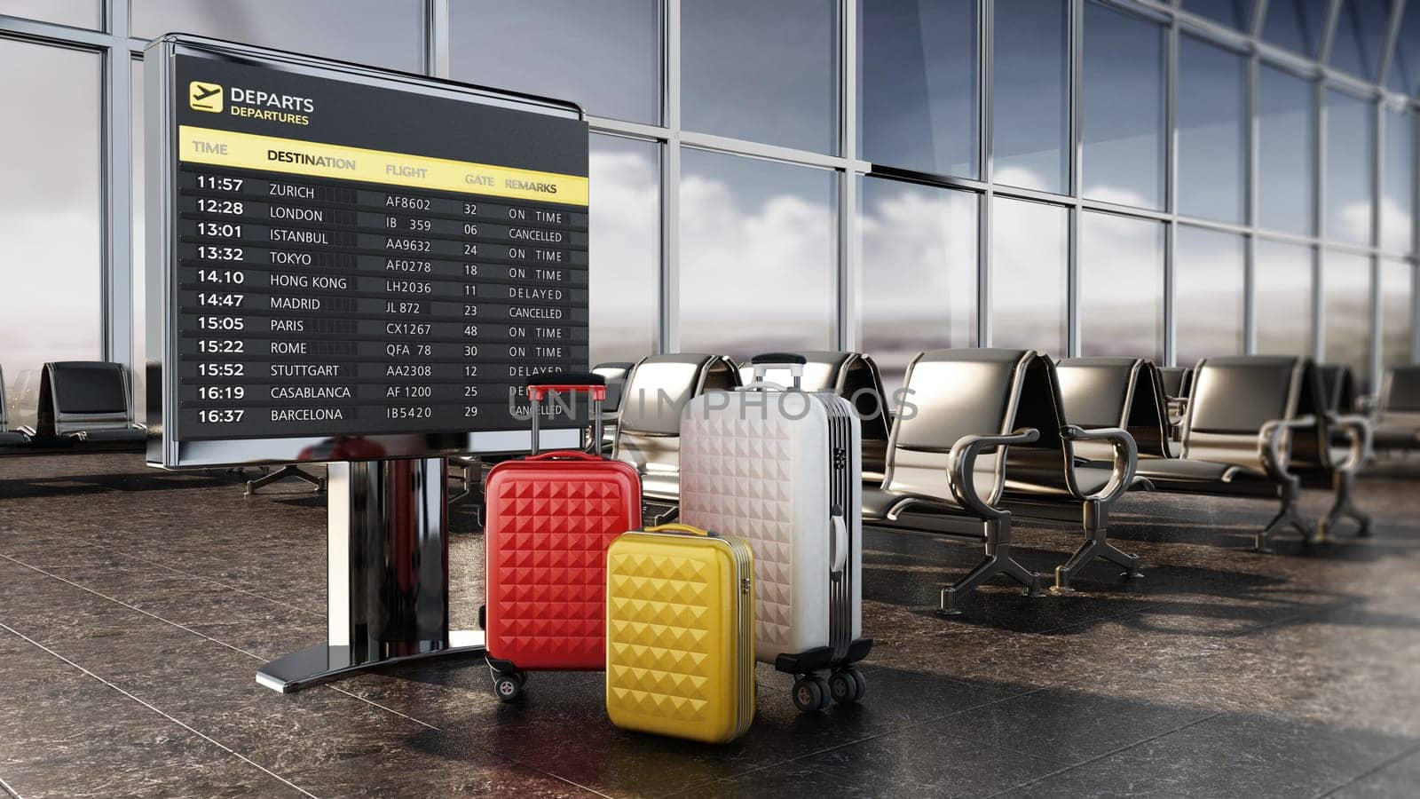 Airport boarding sign, and luggages inside airport waiting room. 3D illustration.