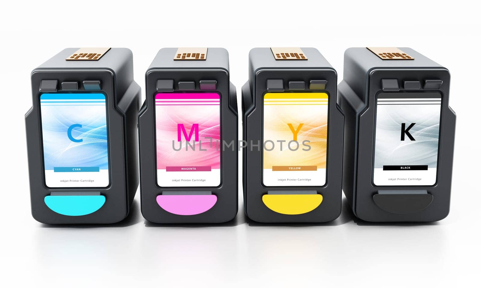 Generic inkjet printer CMYK cartridges isolated on white background. 3D illustration.
