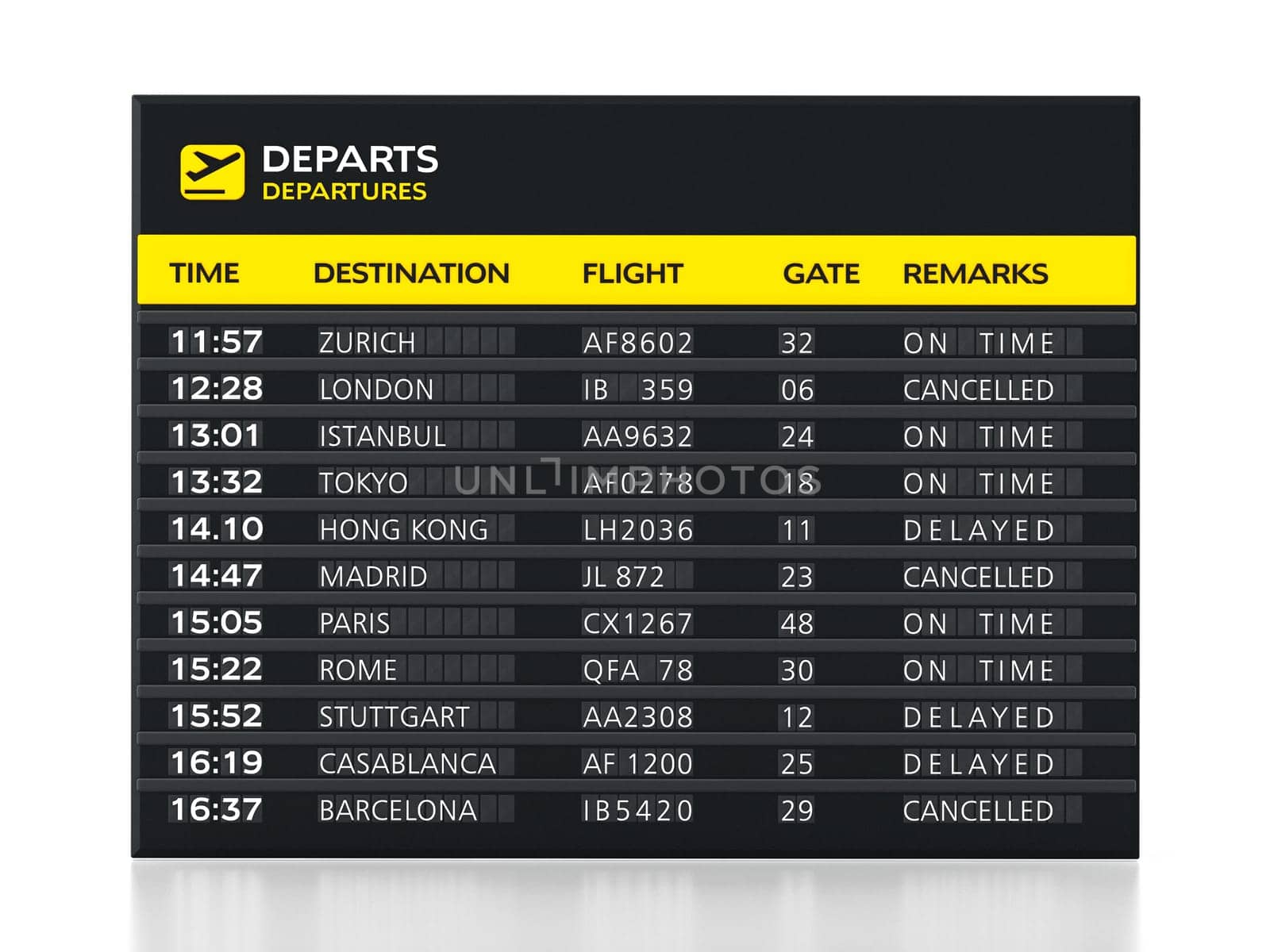 Airport boarding sign isolated on white background. 3D illustration.