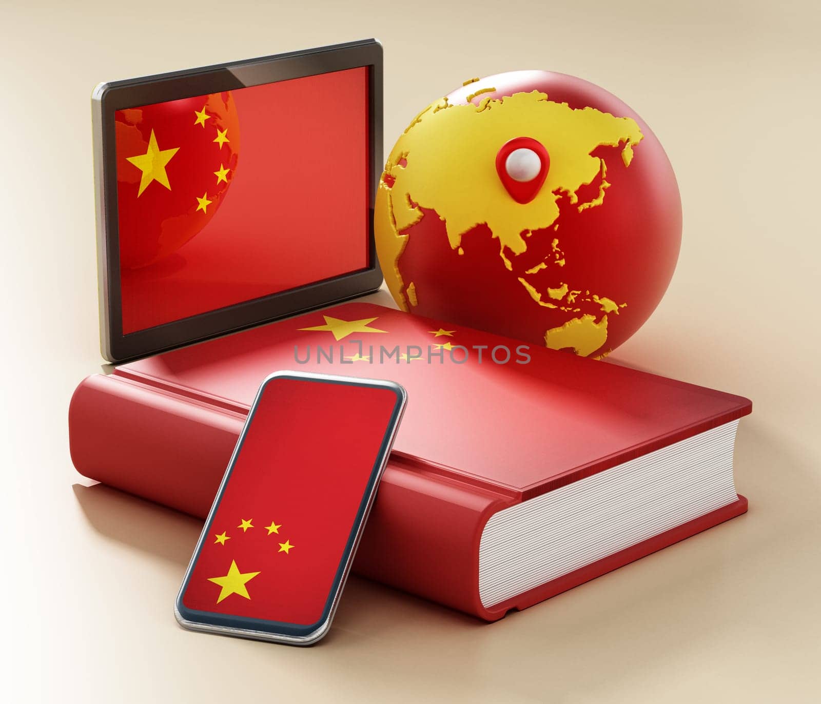 Dictionary, smartphone and tablet pc with China flag along the globe. 3D illustration.