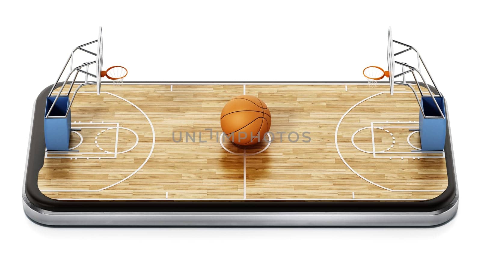 Basketball court on smartphone screen. 3D rendering.