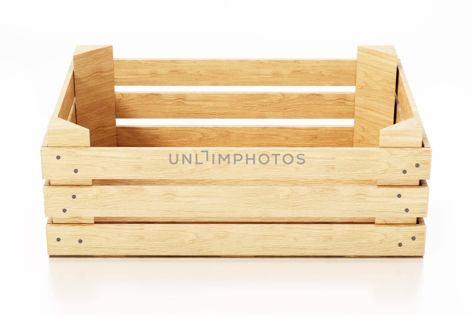 Empty wooden crate isolated on white background. 3D illustration.