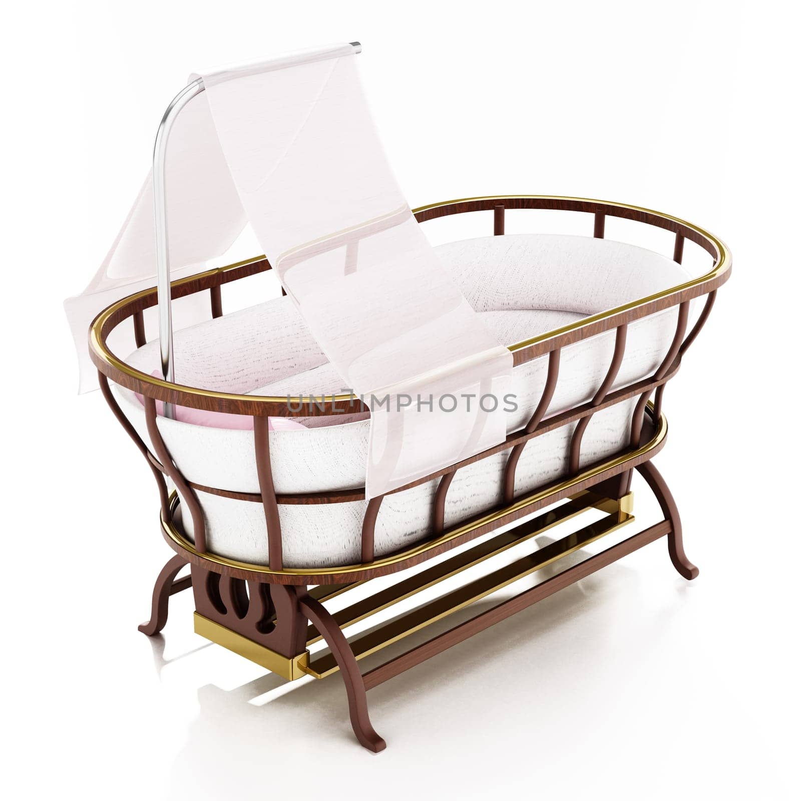 Classic style baby crib isolated on white background. 3D illustration.