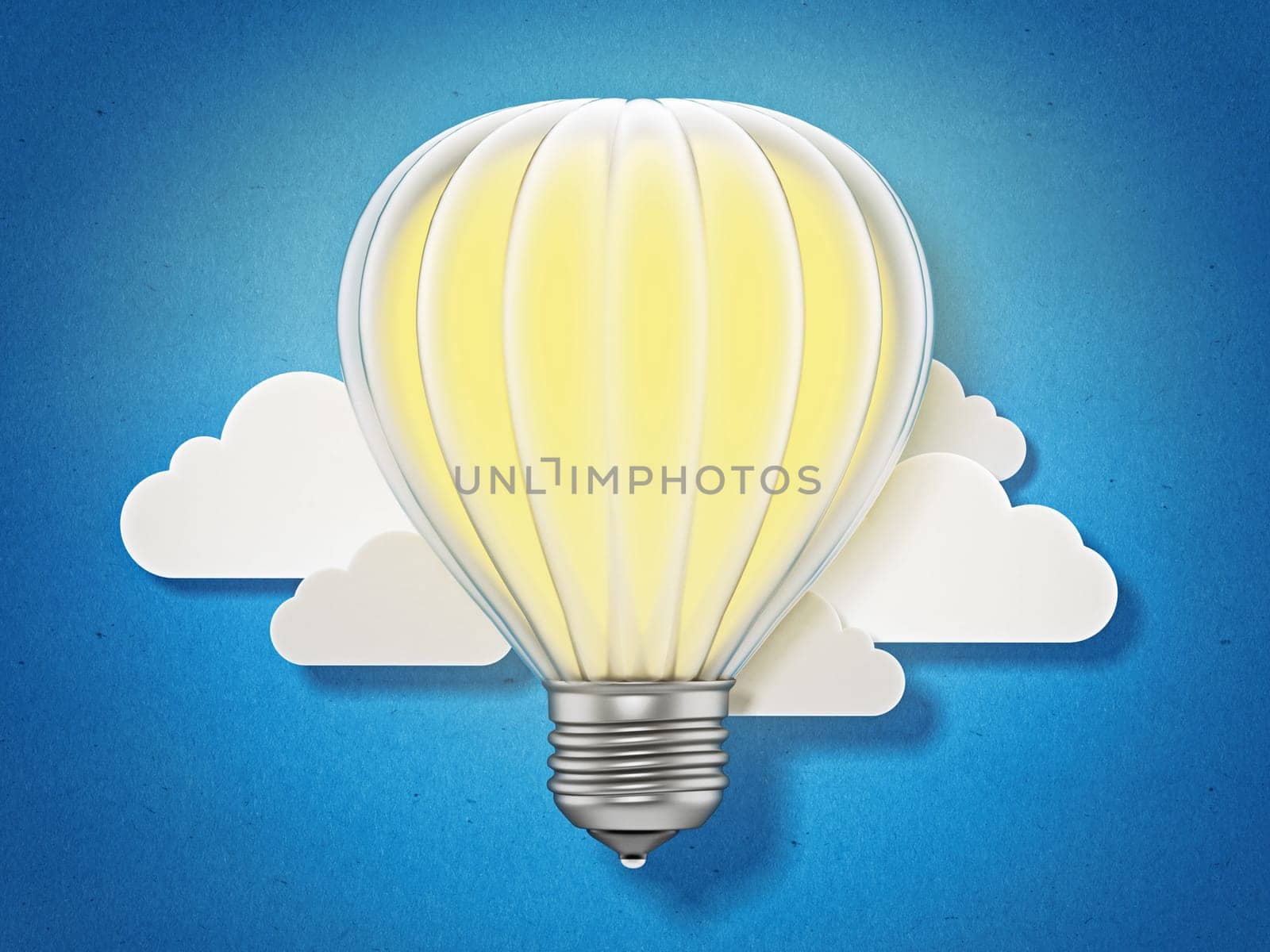 Lightbulb balloon flying among the clouds. 3D illustration.