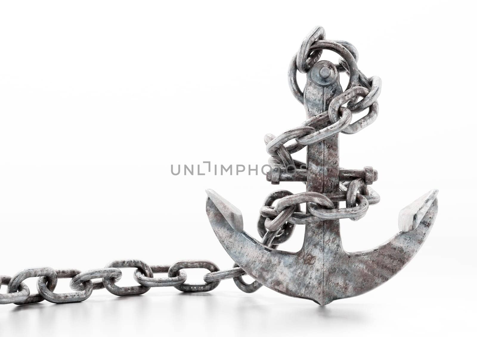 Rusty metal anchor and chain isolated on white background. 3D illustration.