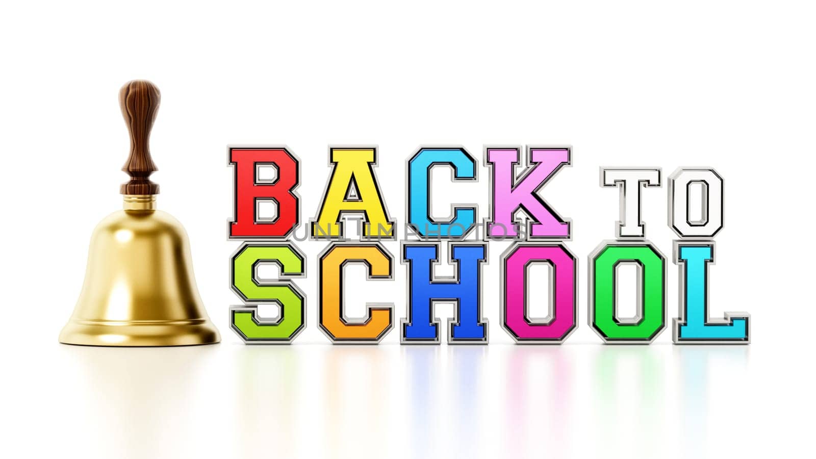 Back to school text and school bell isolated on white background. 3D illustration.