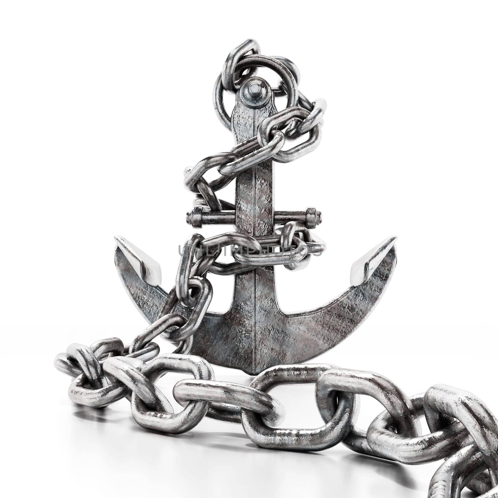 Rusty metal anchor and chain isolated on white background. 3D illustration.