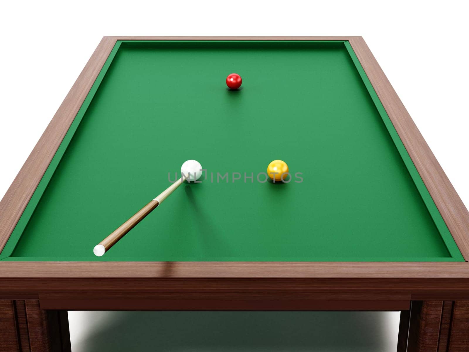 Billiards table, balls and cue. 3D illustration.