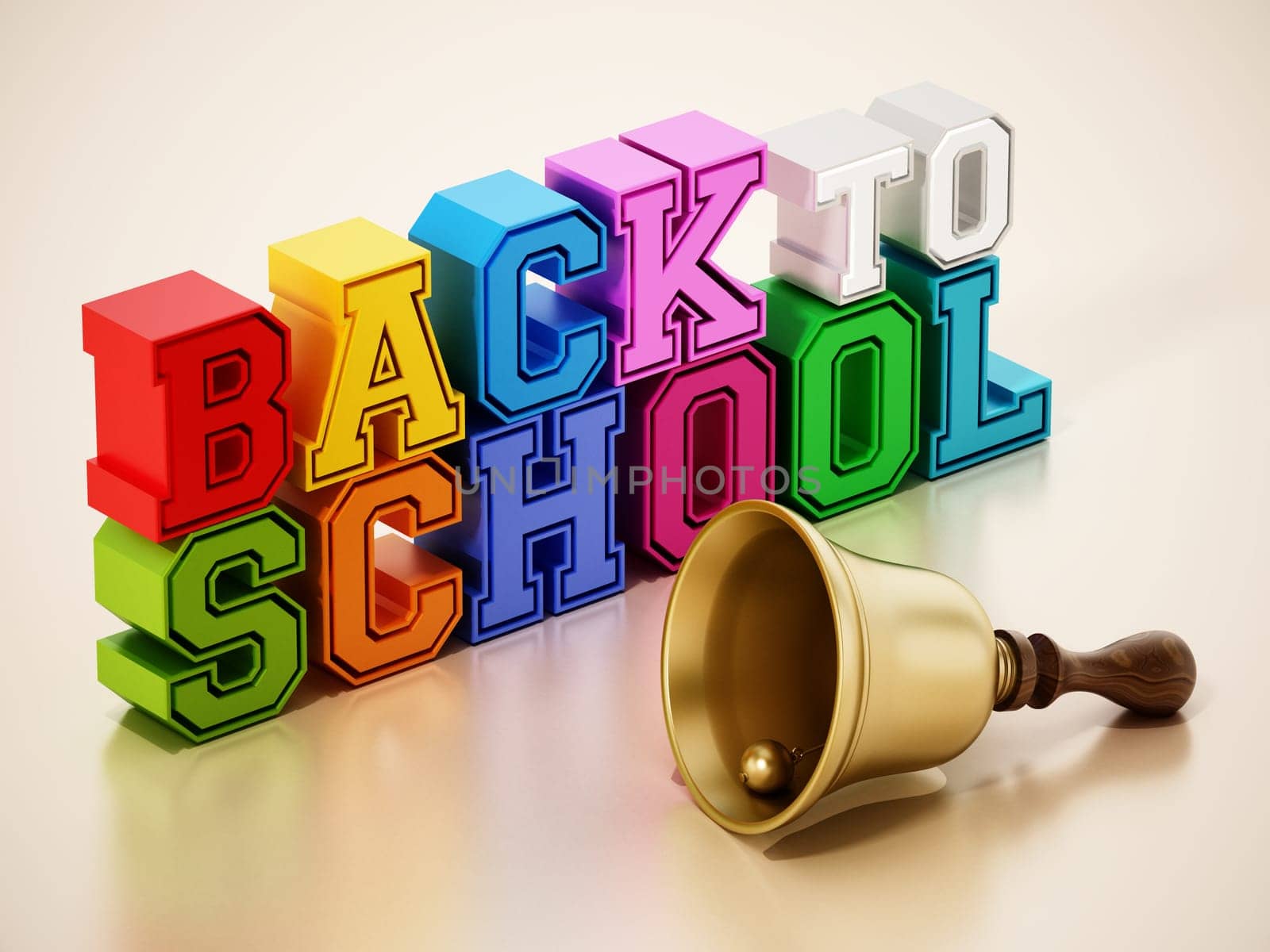 Back to school text and school bell on reflective surface. 3D illustration.