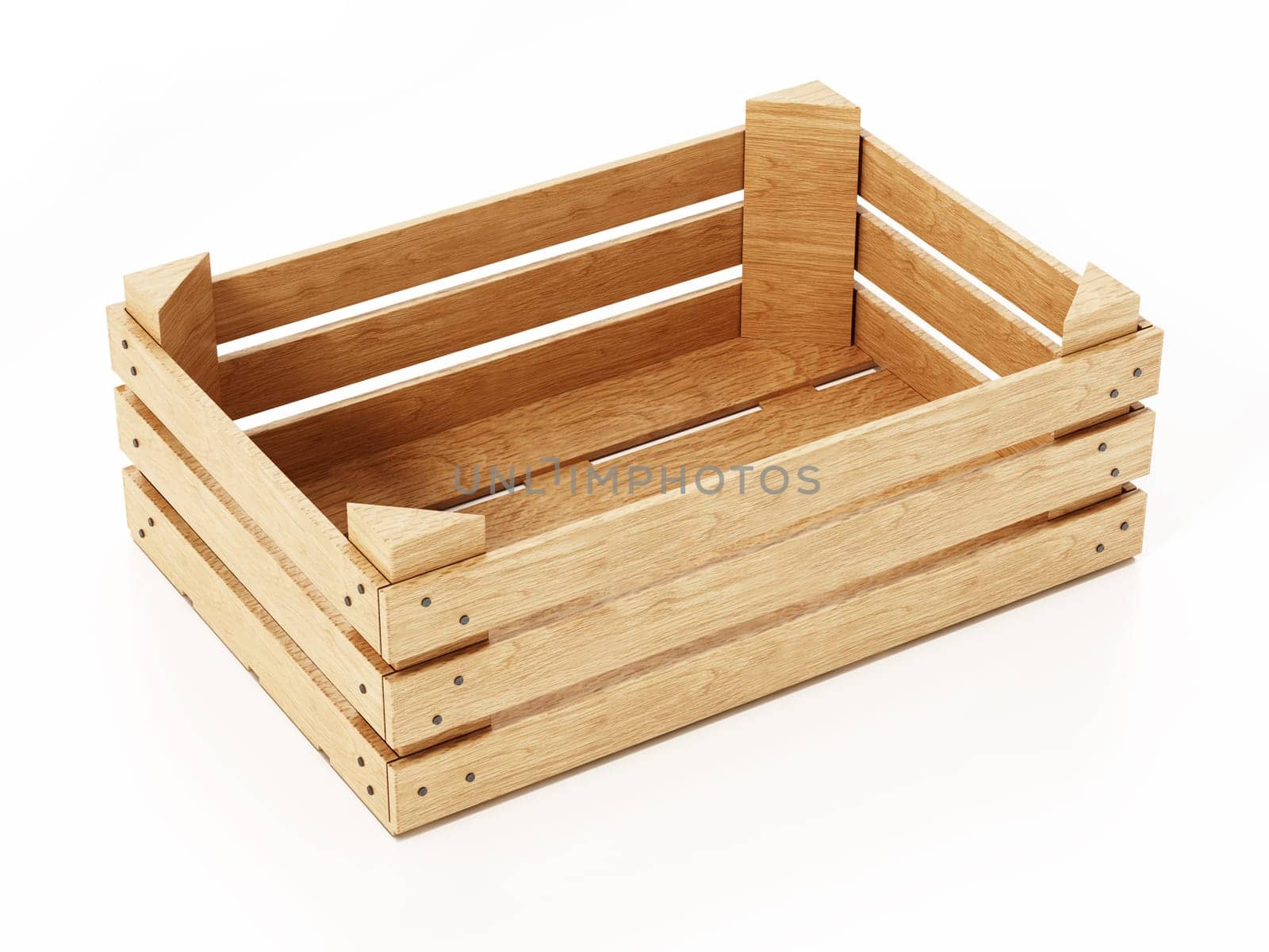 Empty wooden crate isolated on white background. 3D illustration.